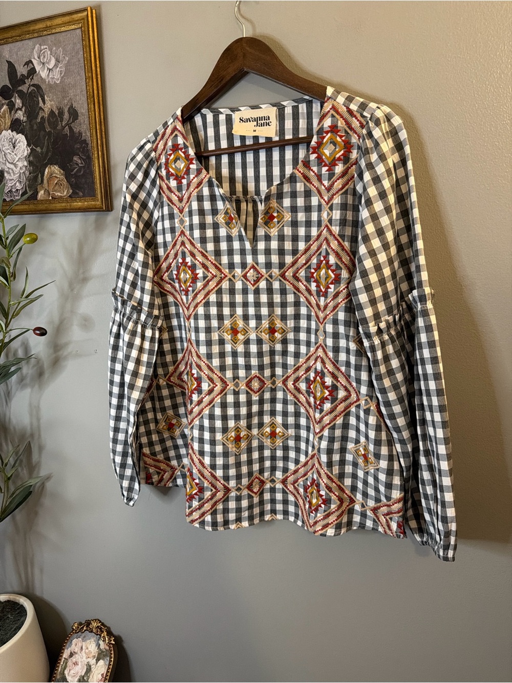 Savanna Jane Embroidered Buffalo Plaid Boho Peasant Top Medium Aztec Western M - Picture 3 of 9